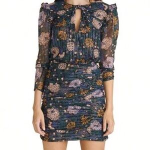 Veronica Beard Floral Metallic Ruched Keyhole Neck Long Sleeve Mini Dress Size 8